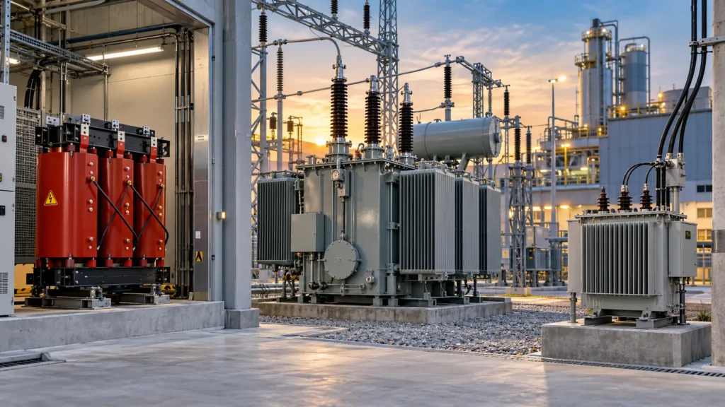Diferentes tipos de transformadores eléctricos en una subestación industrial