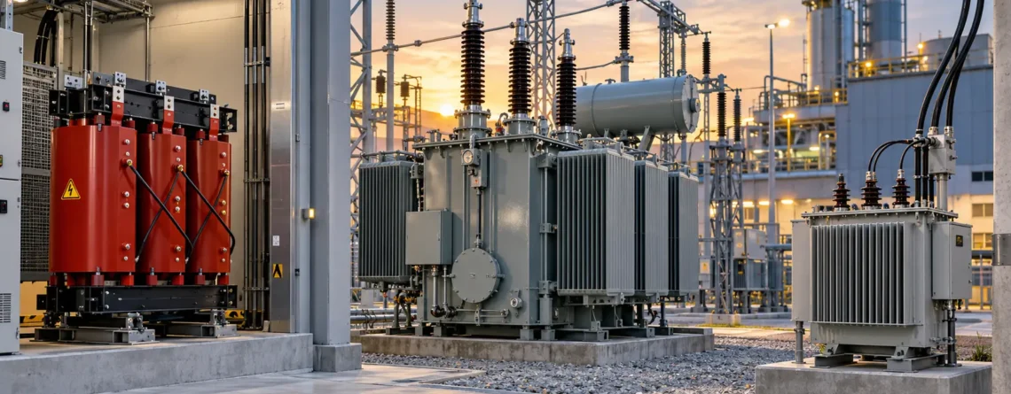 Diferentes tipos de transformadores eléctricos en una subestación industrial