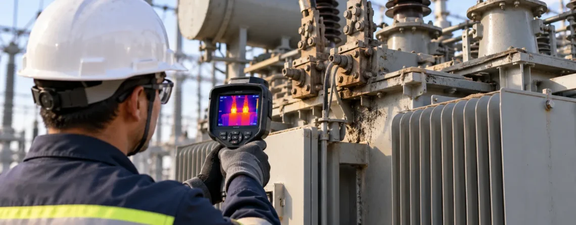 Inspección térmica de transformador eléctrico para detectar señales de deterioro