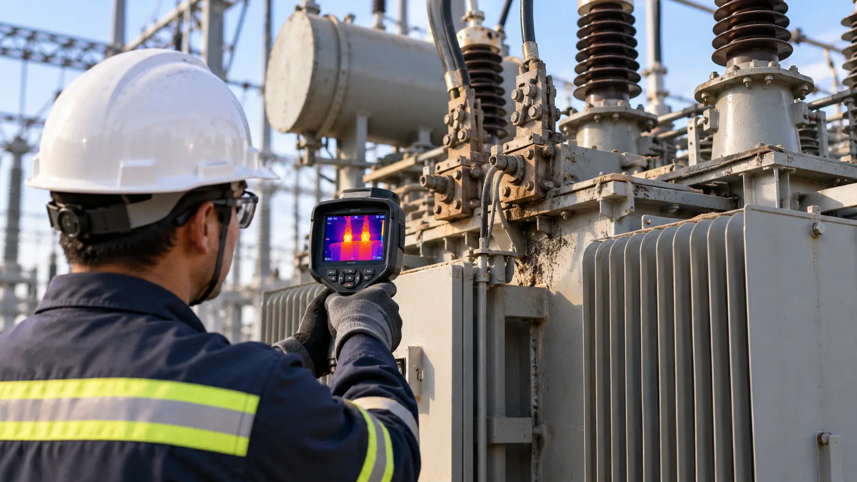 Inspección térmica de transformador eléctrico para detectar señales de deterioro